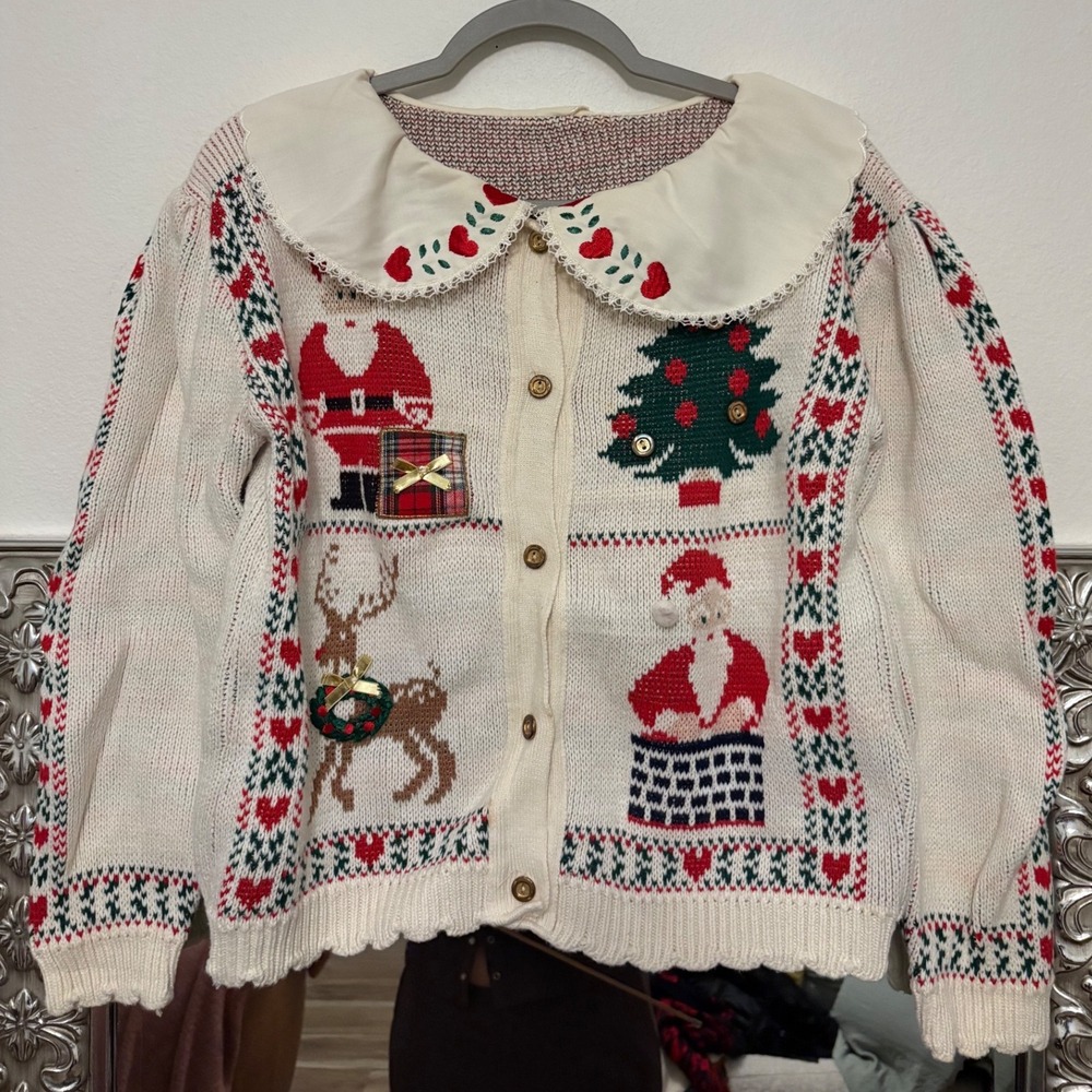 Vintage Christmas Cardigan Peter Pan Collar Santa Reindeer Coquette Holiday gf